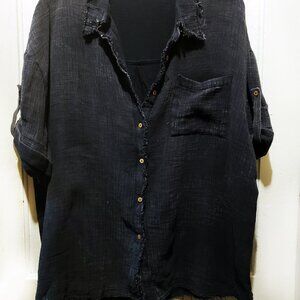 New Black Fringe Boho Women's Roll-Up Sleeve Tie Front Button Collar Shirt XL